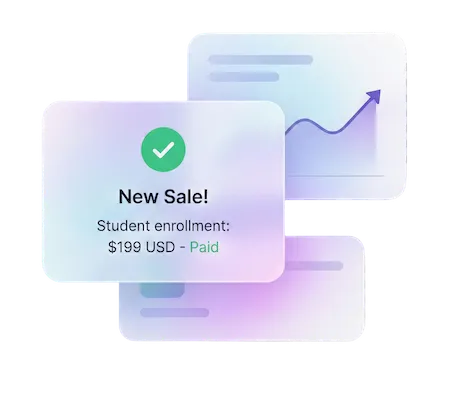 Illustration showing a new course sale notification with revenue growth chart